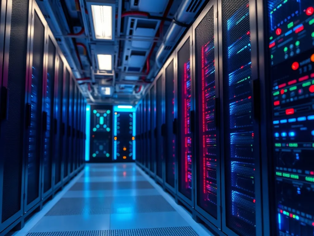 High-tech server room with blue and red cooling lights, macr